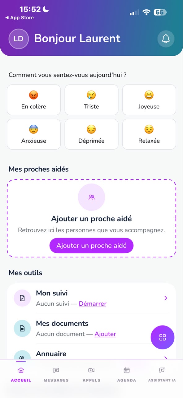 Écran d’accueil de l’application : humeur du jour, proches aidés et outils du quotidien.