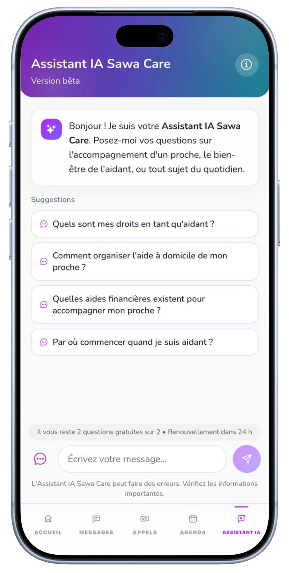 Écran de l’Assistant IA Sawa Care avec des suggestions de questions.