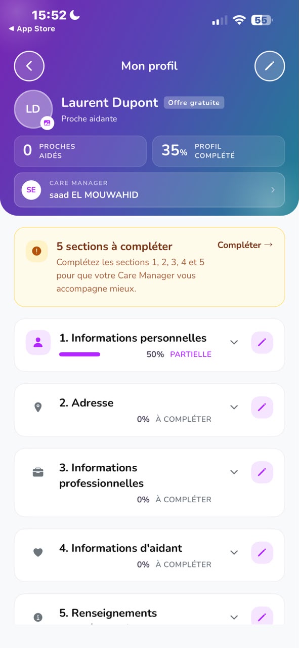 Écran du profil : informations personnelles, adresse et documents du proche.
