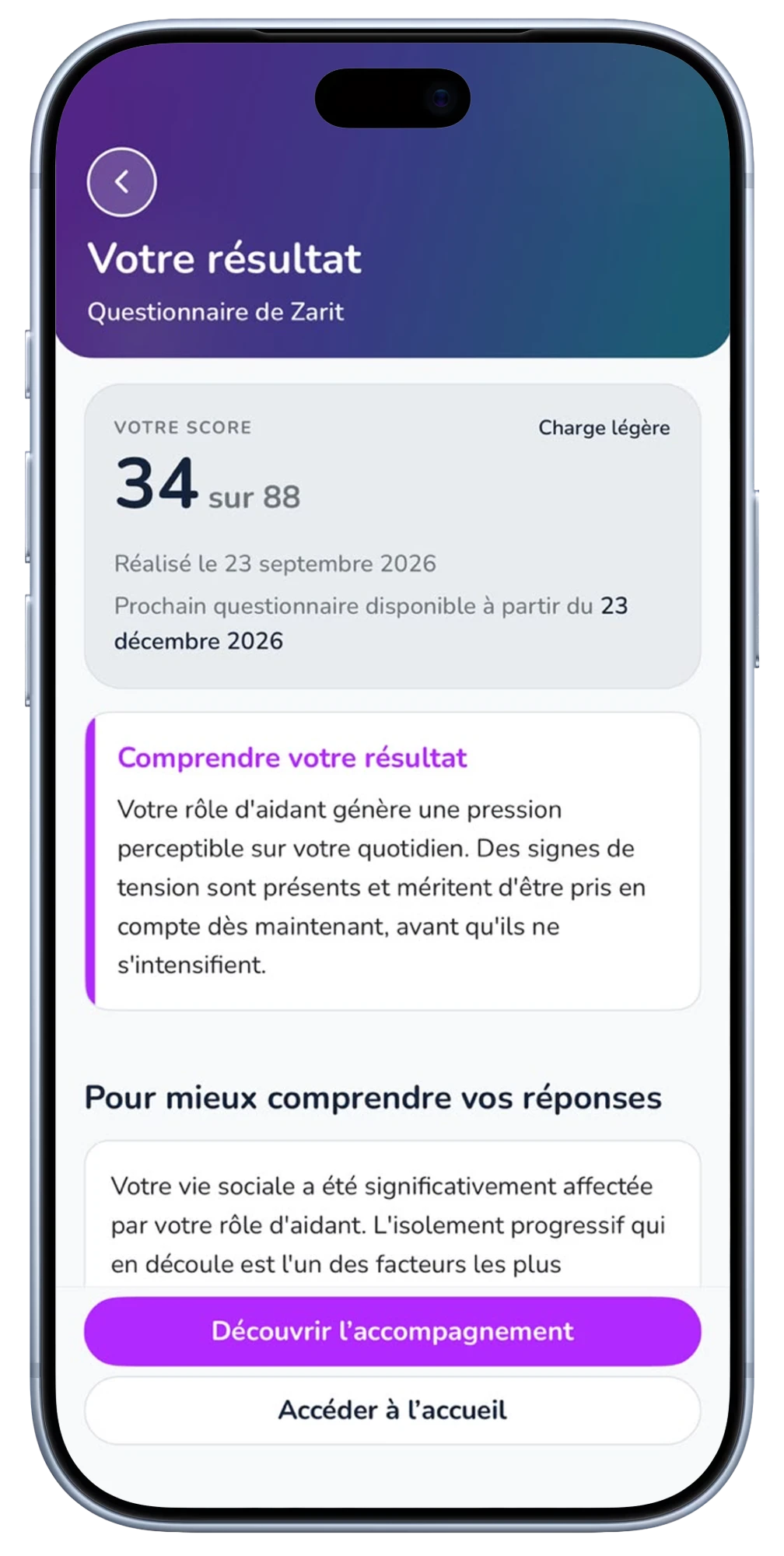 Écran du résultat du questionnaire de Zarit avec des repères pour comprendre sa situation.