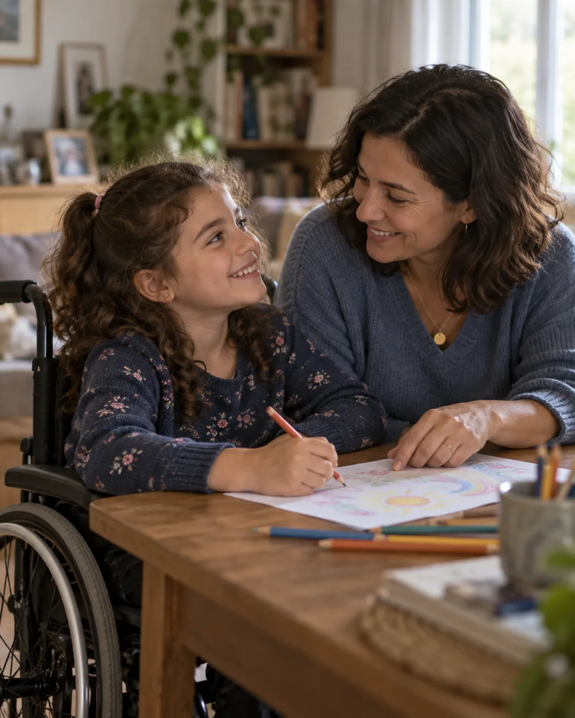 Une enfant en fauteuil dessine avec sa mère à la maison.