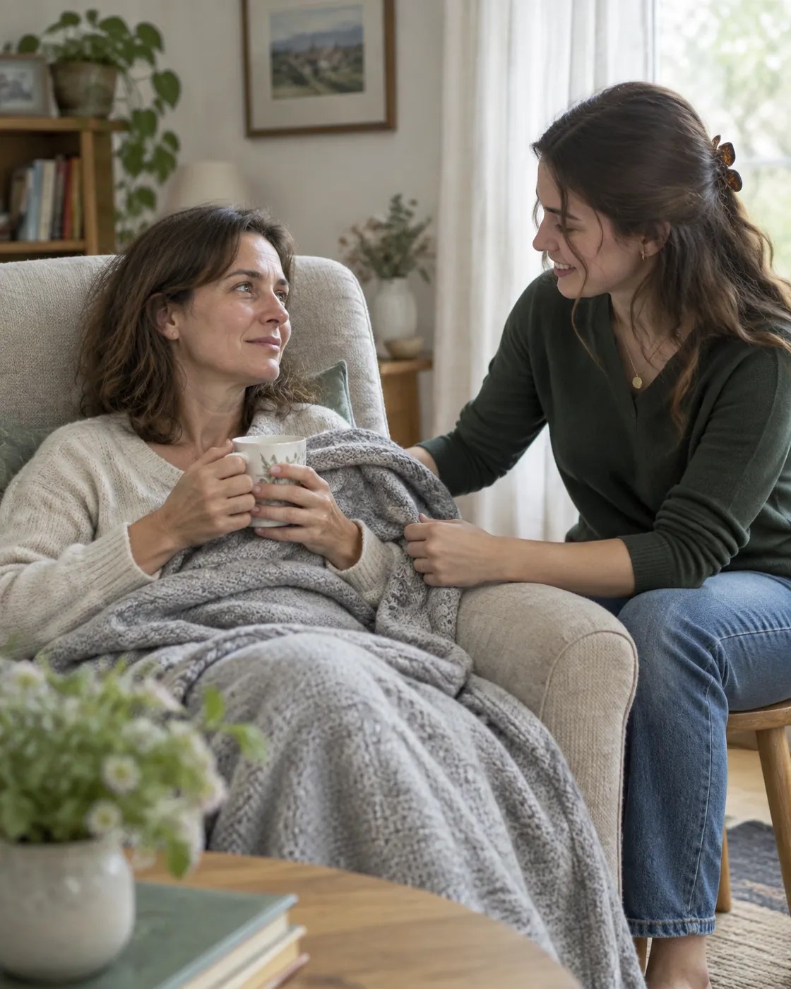 Une proche malade est accompagnée par sa fille à domicile.